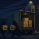 Fostoria News Nighttime street with two thieves unloading boxes from a truck.